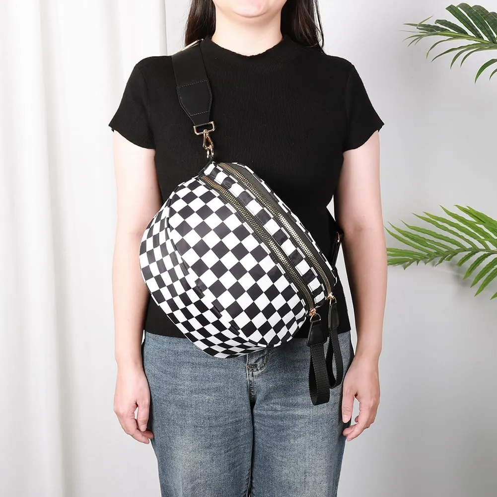 Checkered Crossbody Bag Spacious Nylon Crossbody Bag for Women Black and White Checkered Purse Bum Bags Belt Bags