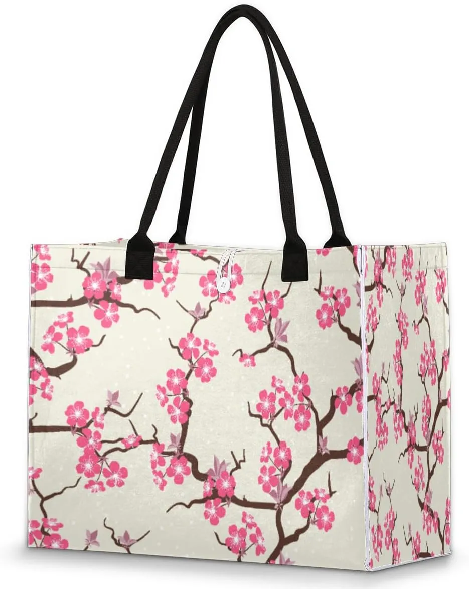 Cherry Blossom Flowers Tote Bag for Women Large Beach Bag Reusable Grocery Bags Tote Bag for Work Shopping Travel Beach