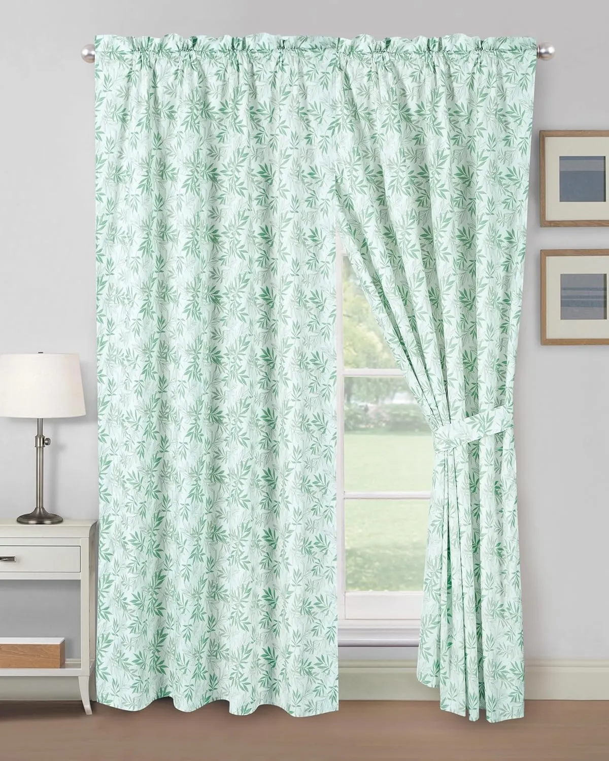 Chezmoi Collection 4-Piece Floral Leaves Window Curtain Set with Sheer Backing - Green White Leaves Printed Microfiber, 120 inch x 84 inch