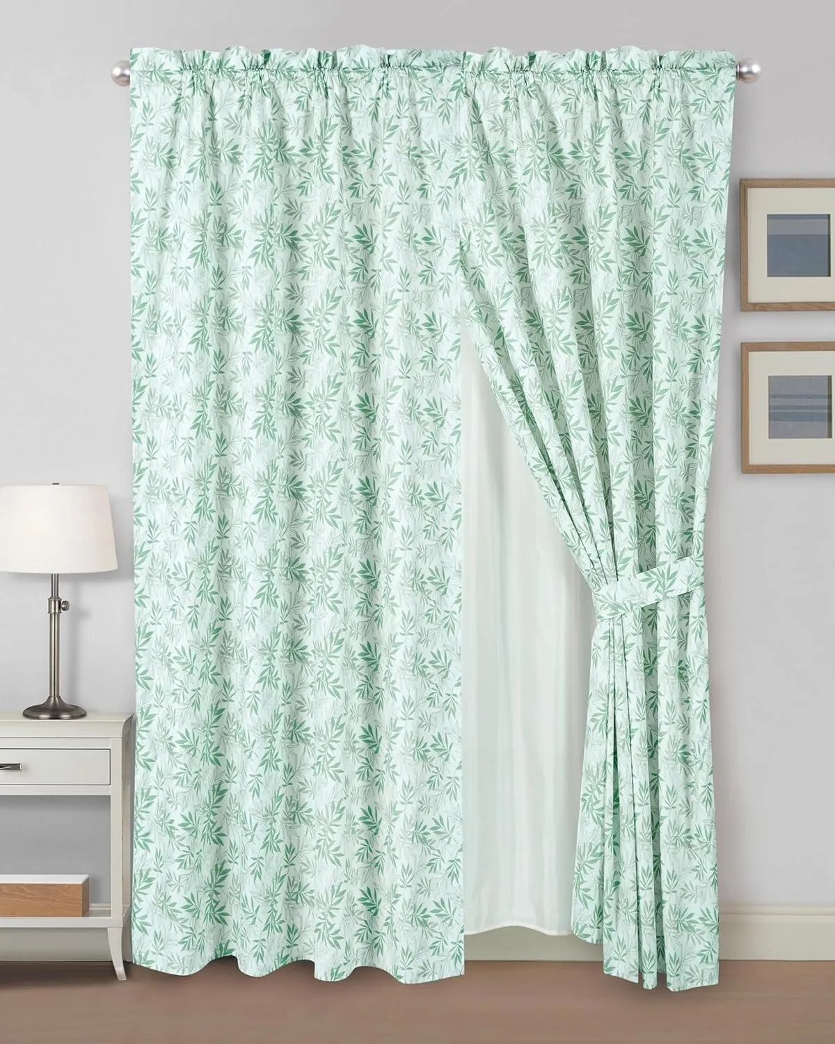 Chezmoi Collection 4-Piece Floral Leaves Window Curtain Set with Sheer Backing - Green White Leaves Printed Microfiber, 120 inch x 84 inch