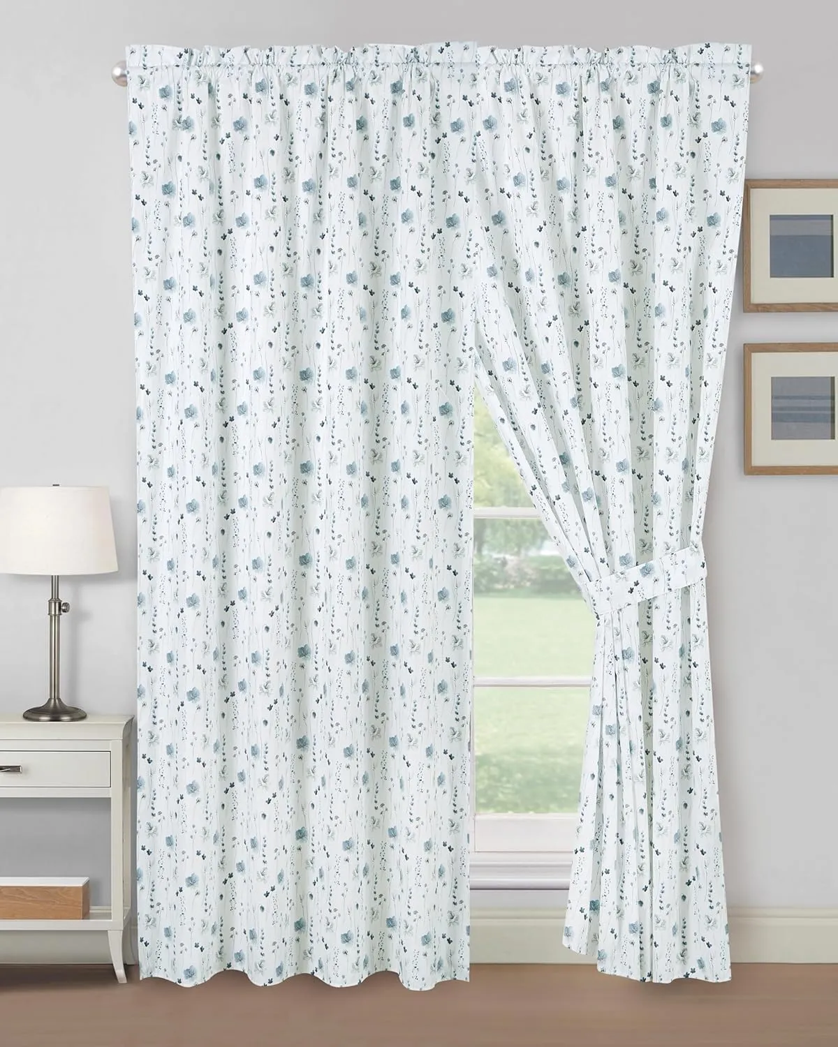 Chezmoi Collection 4-Piece Floral Window Curtain Set with Sheer Backing - Blue White Poppy Floral Printed Microfiber, 120 inch x 84 inch