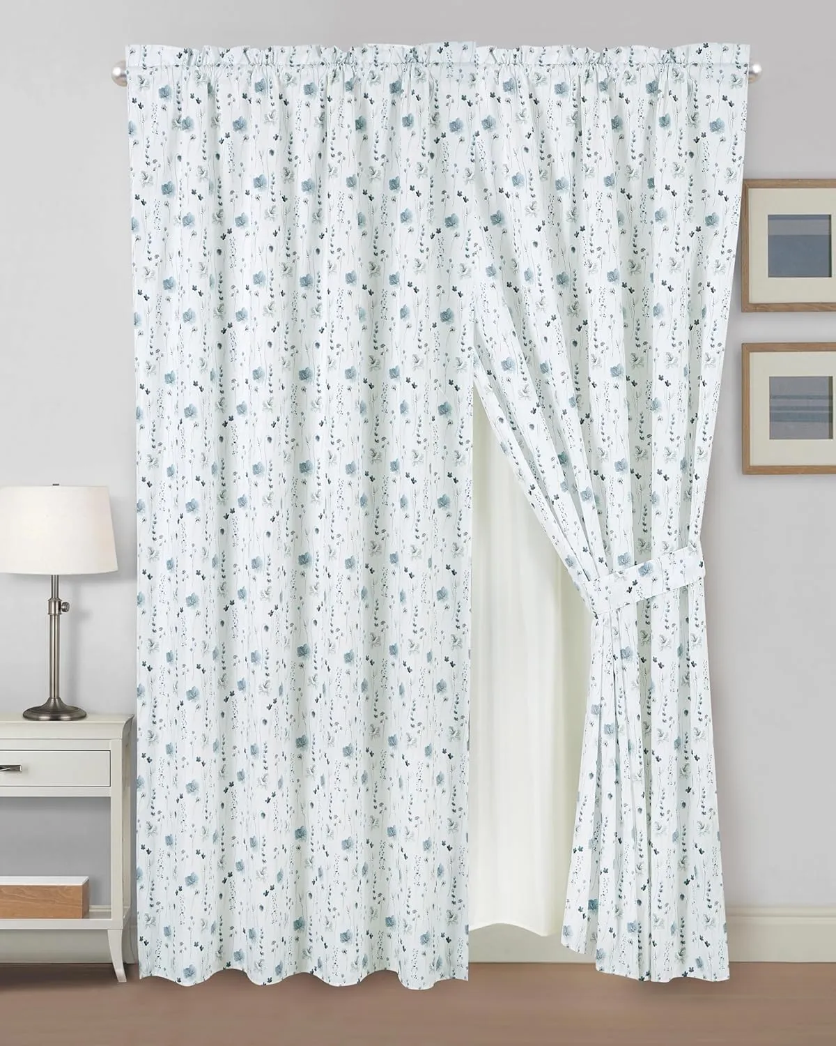 Chezmoi Collection 4-Piece Floral Window Curtain Set with Sheer Backing - Blue White Poppy Floral Printed Microfiber, 120 inch x 84 inch