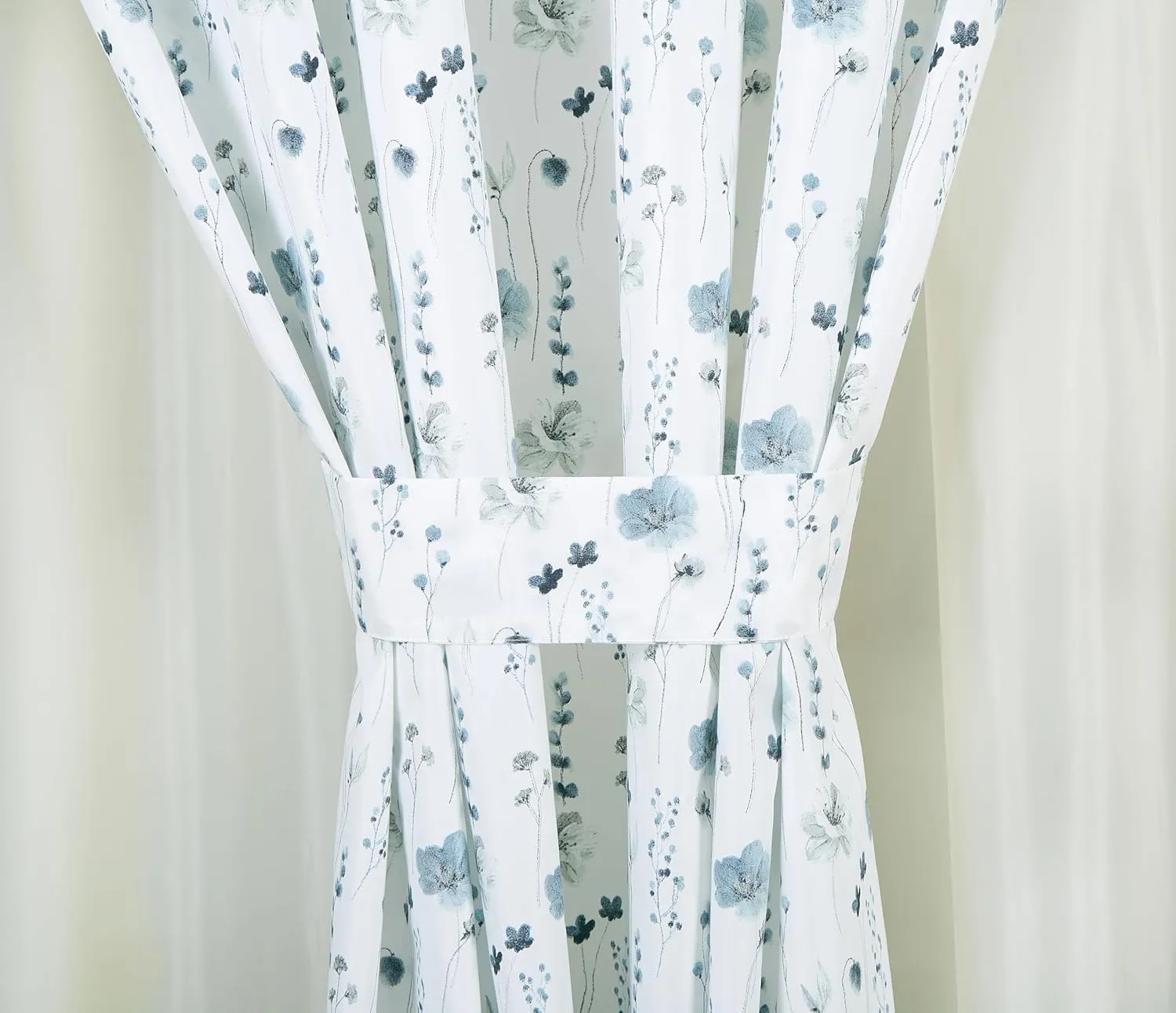 Chezmoi Collection 4-Piece Floral Window Curtain Set with Sheer Backing - Blue White Poppy Floral Printed Microfiber, 120 inch x 84 inch