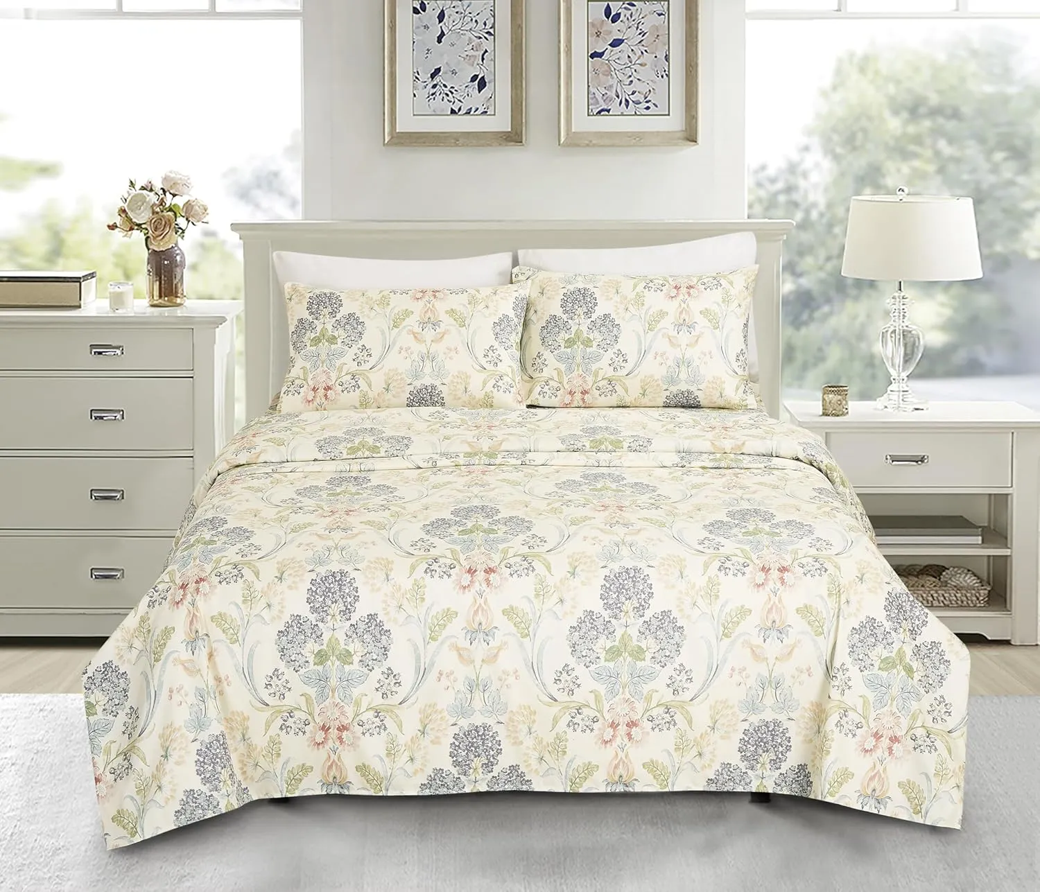 Chezmoi Collection Alyssa 4-Piece Floral Medallion Garden Bed Sheet Set - Multicolor Blue Green Red Yellow White Printed Microfiber 14-Inches Deep Pocket Sheets & Pillowcases Set, King