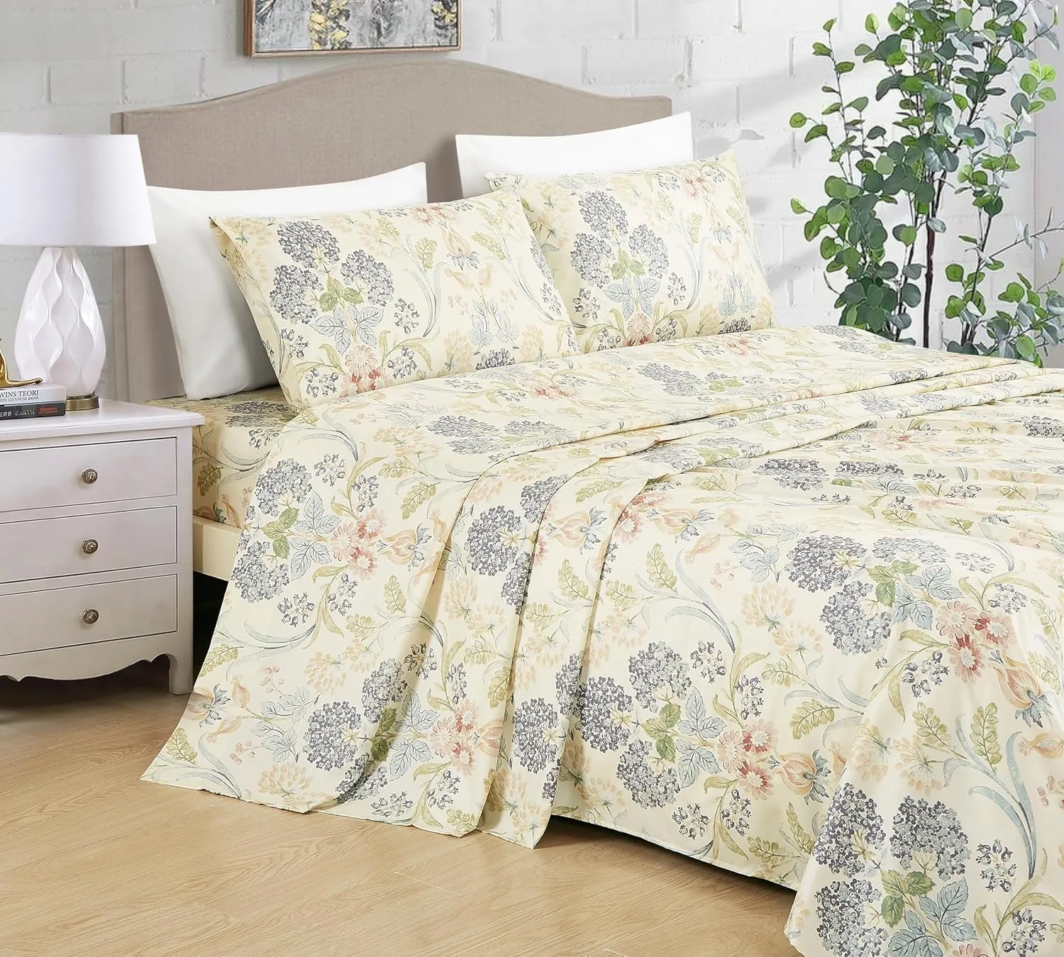 Chezmoi Collection Alyssa 4-Piece Floral Medallion Garden Bed Sheet Set - Multicolor Blue Green Red Yellow White Printed Microfiber 14-Inches Deep Pocket Sheets & Pillowcases Set, King