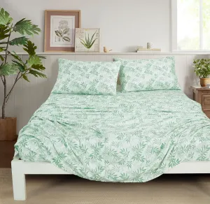 Chezmoi Collection Elder 4-Piece Floral Leaves Bed Sheet Set - Green White Leaves Printed Microfiber 14-Inches Deep Pocket Sheets & Pillowcases Set, King