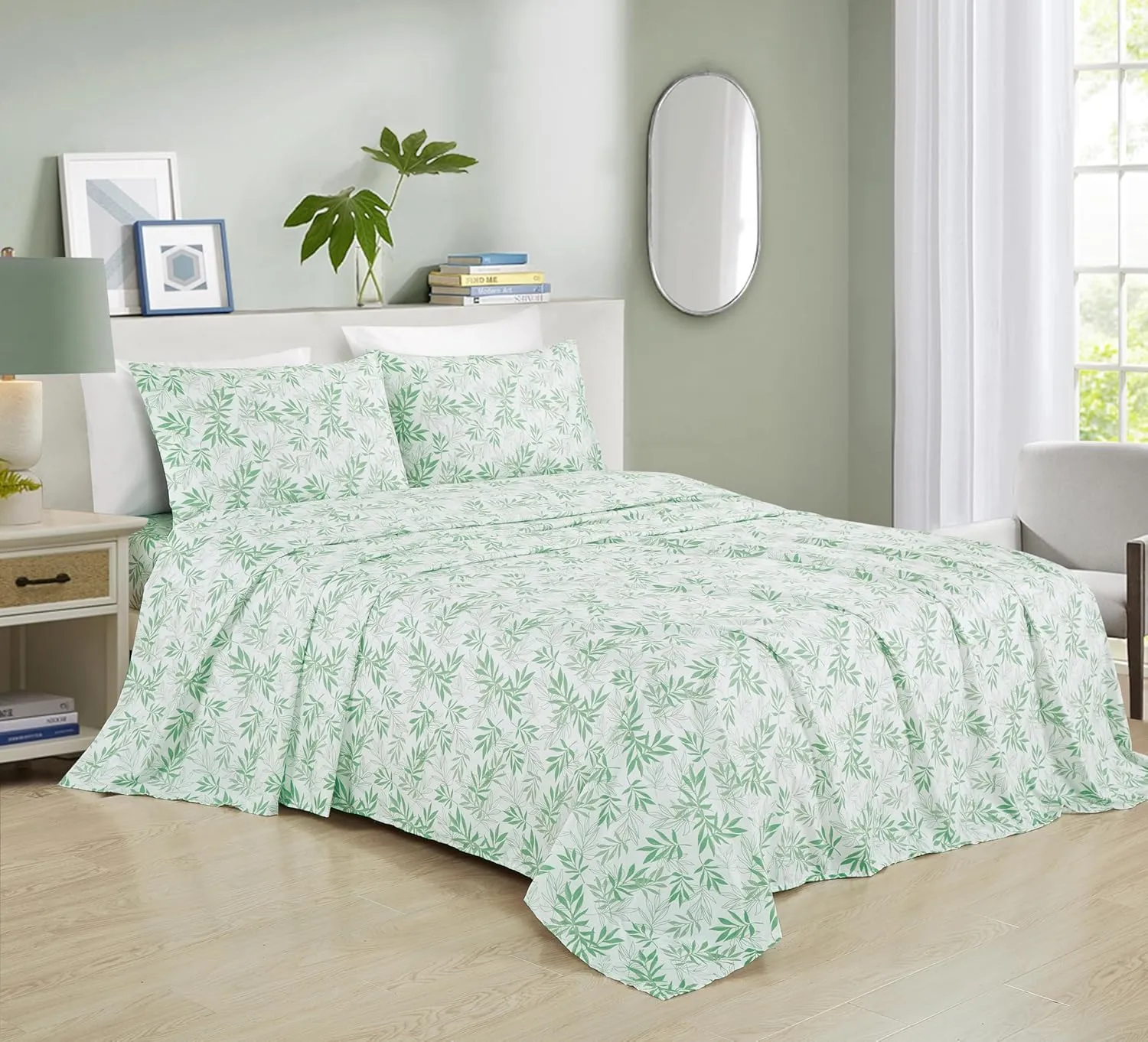 Chezmoi Collection Elder 4-Piece Floral Leaves Bed Sheet Set - Green White Leaves Printed Microfiber 14-Inches Deep Pocket Sheets & Pillowcases Set, King