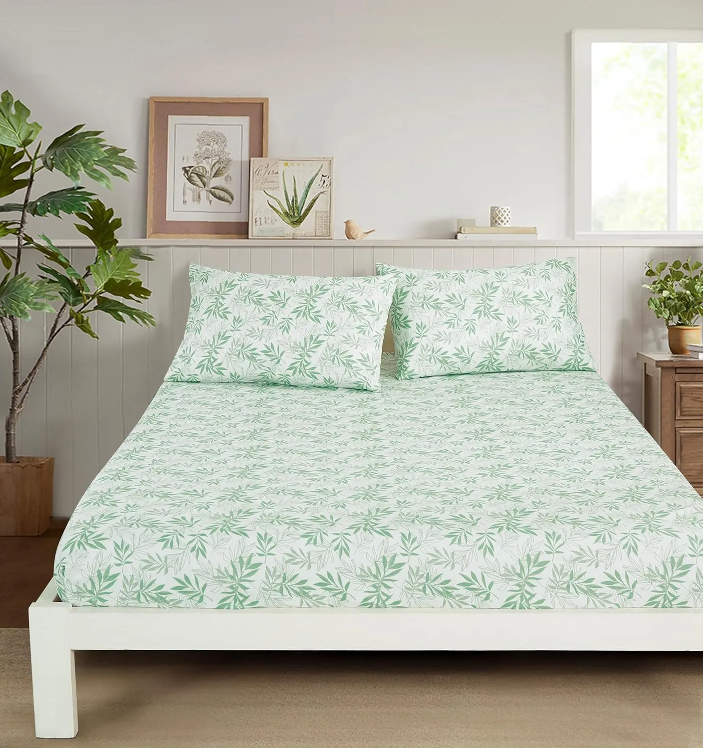 Chezmoi Collection Elder 4-Piece Floral Leaves Bed Sheet Set - Green White Leaves Printed Microfiber 14-Inches Deep Pocket Sheets & Pillowcases Set, King