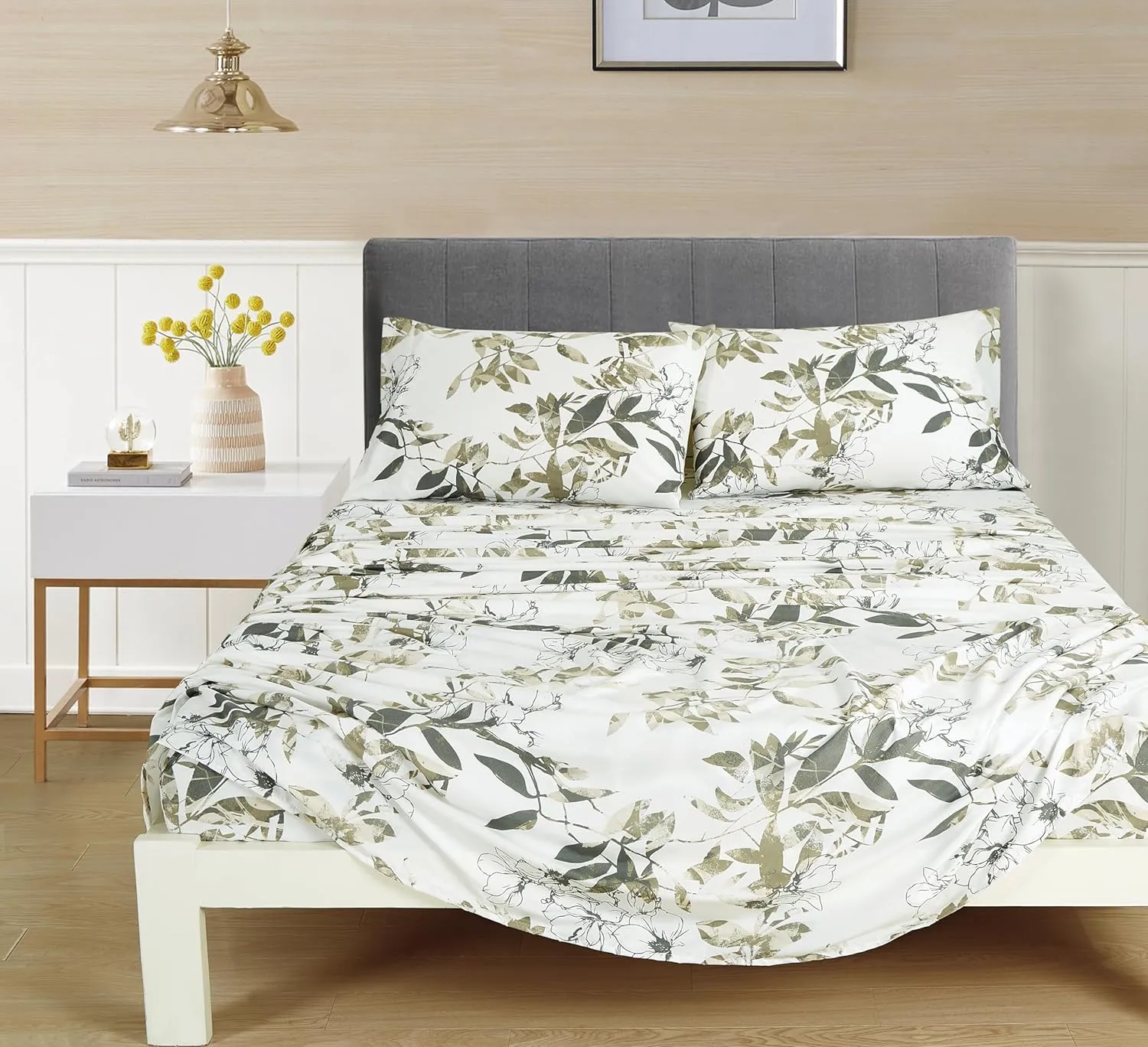 Chezmoi Collection Julia 4-Piece Floral Bed Sheet Set - Multicolor Taupe-Green Gray White Floral Leaves Printed Microfiber 14-Inches Deep Pocket Sheets & Pillowcases Set, King