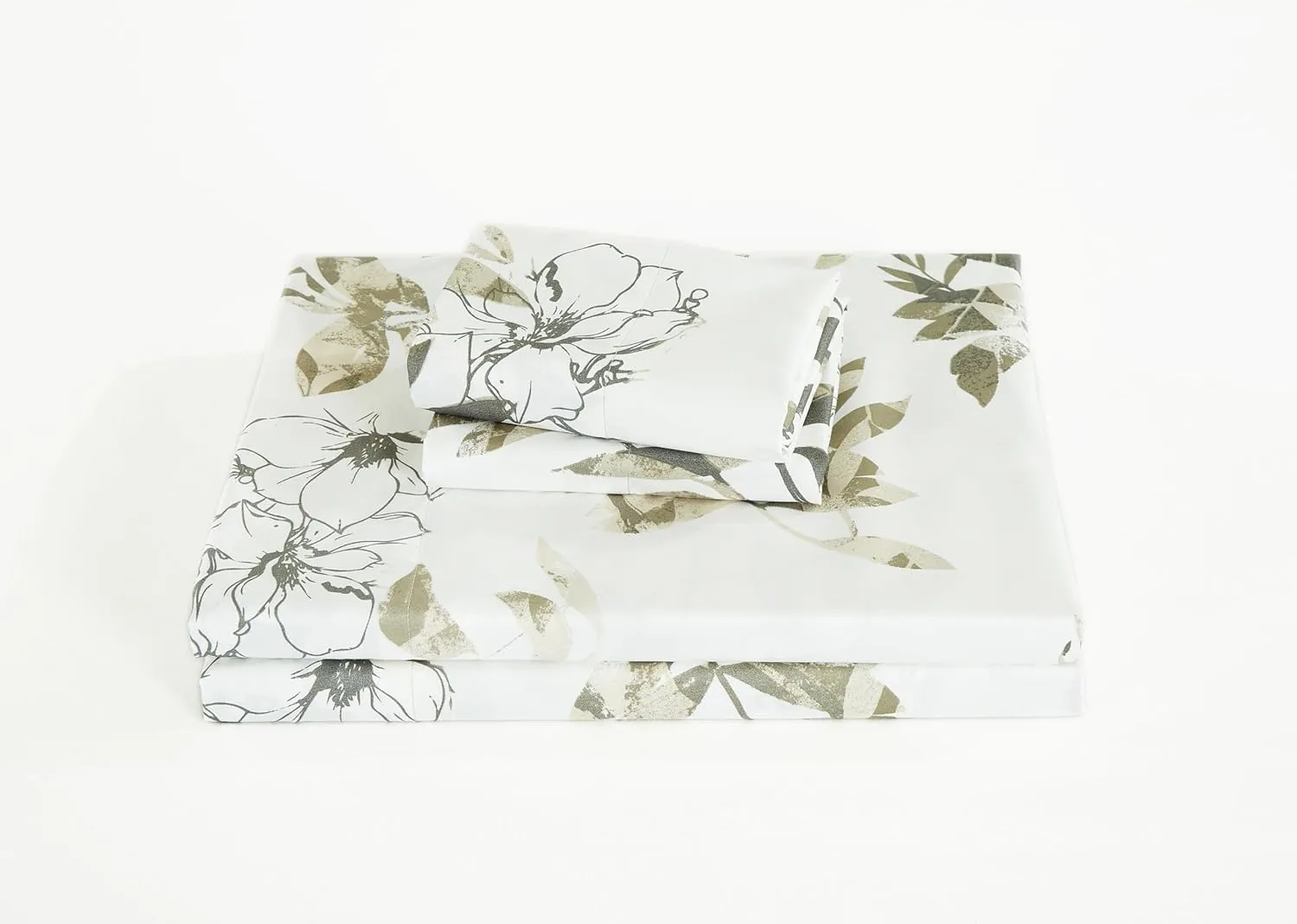 Chezmoi Collection Julia 4-Piece Floral Bed Sheet Set - Multicolor Taupe-Green Gray White Floral Leaves Printed Microfiber 14-Inches Deep Pocket Sheets & Pillowcases Set, King