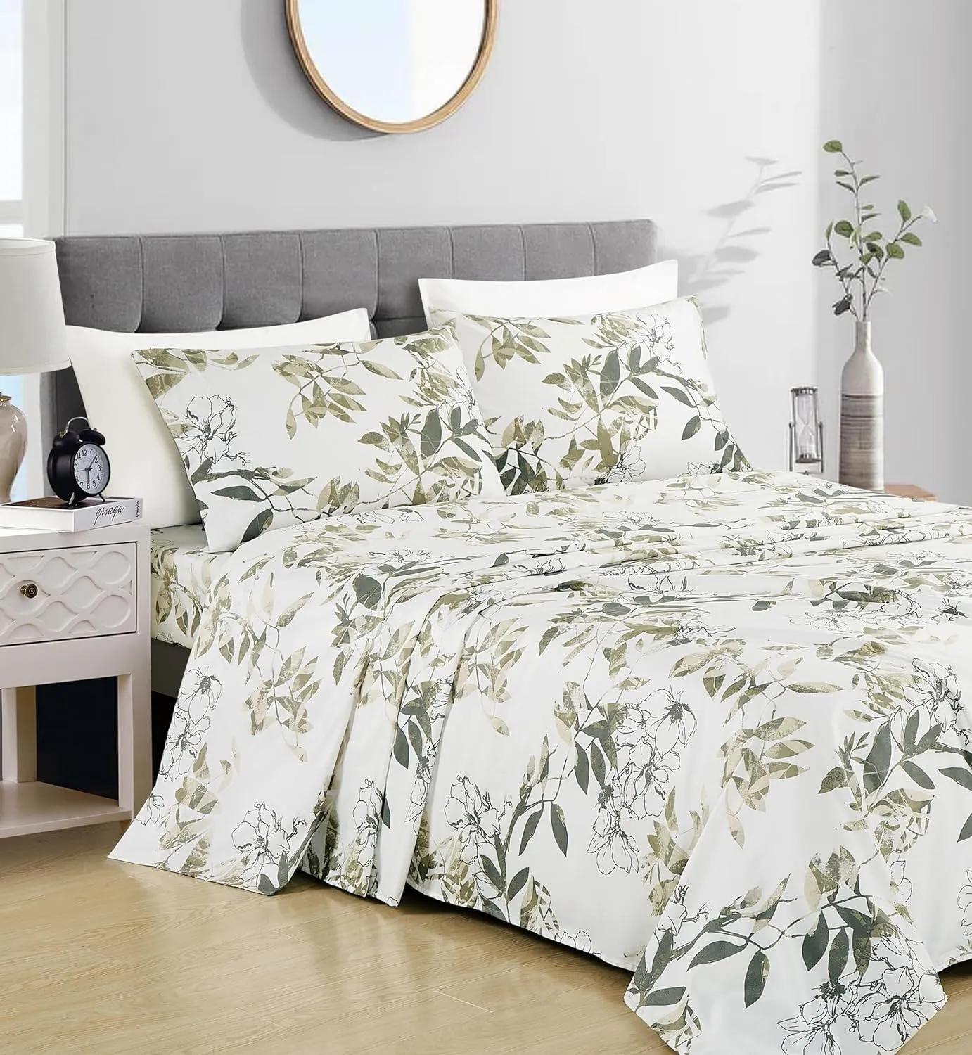 Chezmoi Collection Julia 4-Piece Floral Bed Sheet Set - Multicolor Taupe-Green Gray White Floral Leaves Printed Microfiber 14-Inches Deep Pocket Sheets & Pillowcases Set, King
