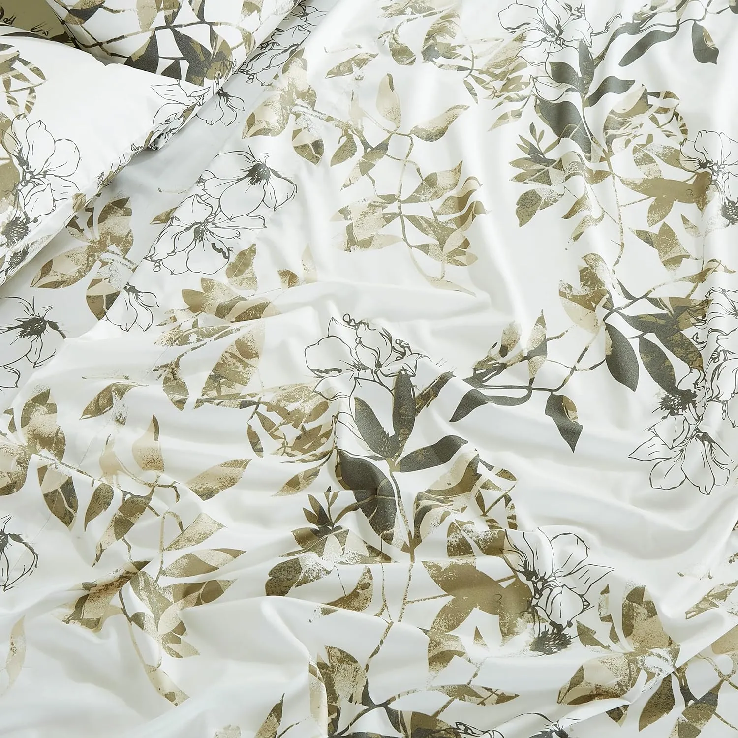 Chezmoi Collection Julia 4-Piece Floral Bed Sheet Set - Multicolor Taupe-Green Gray White Floral Leaves Printed Microfiber 14-Inches Deep Pocket Sheets & Pillowcases Set, King