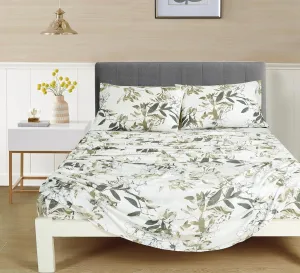 Chezmoi Collection Julia 4-Piece Floral Bed Sheet Set - Multicolor Taupe-Green Gray White Floral Leaves Printed Microfiber 14-Inches Deep Pocket Sheets & Pillowcases Set, King