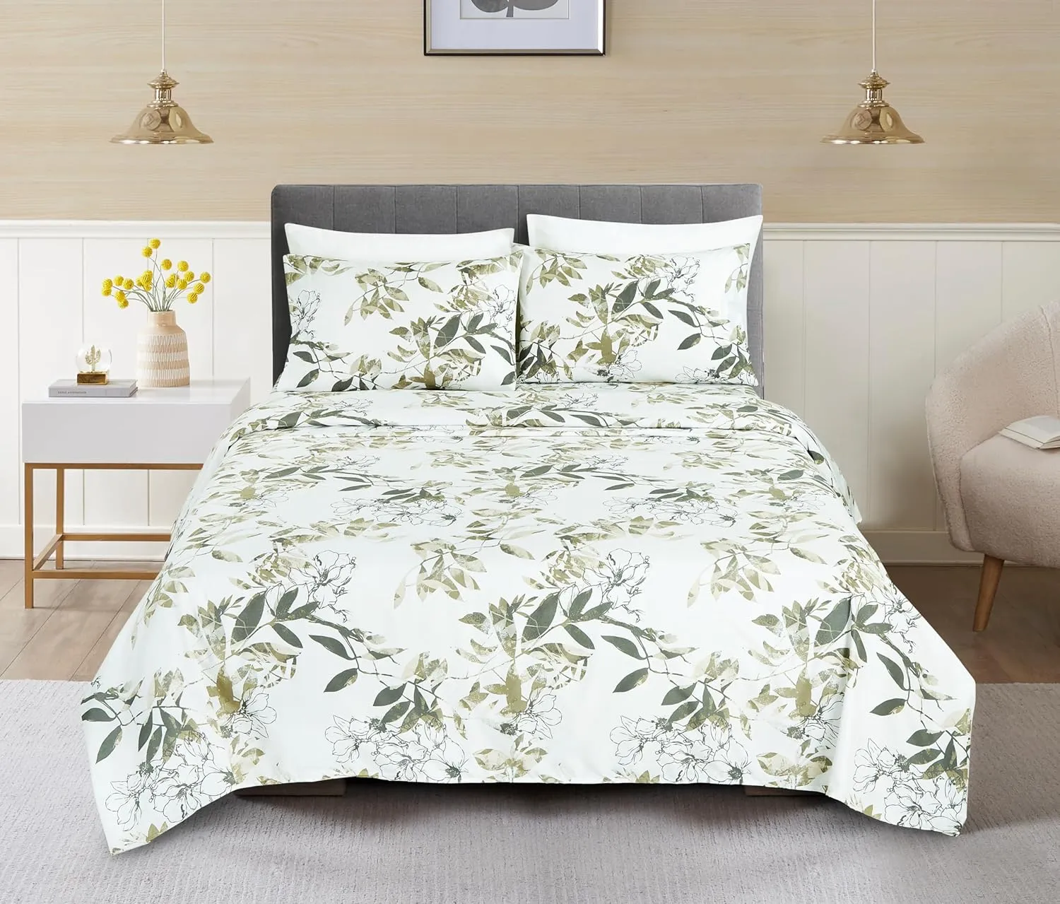 Chezmoi Collection Julia 4-Piece Floral Bed Sheet Set - Multicolor Taupe-Green Gray White Floral Leaves Printed Microfiber 14-Inches Deep Pocket Sheets & Pillowcases Set, King