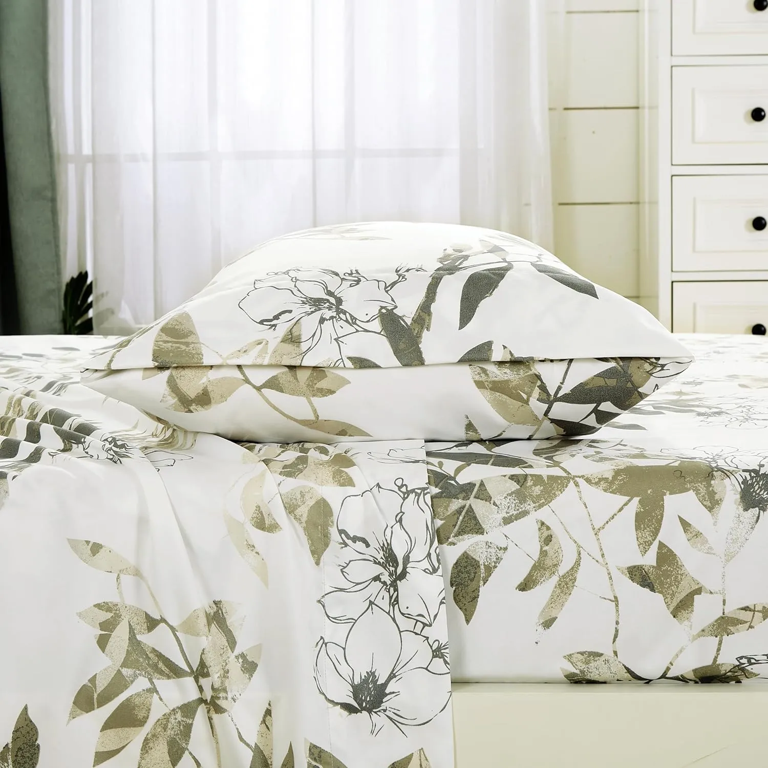 Chezmoi Collection Julia 4-Piece Floral Bed Sheet Set - Multicolor Taupe-Green Gray White Floral Leaves Printed Microfiber 14-Inches Deep Pocket Sheets & Pillowcases Set, King