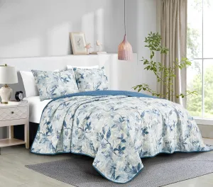 Chezmoi Collection Monica 3-Piece Tropical Floral Quilt Set Queen - Blue Gray White Textured Floral Printed Microfiber Lightweight Bedspread Set for All Season