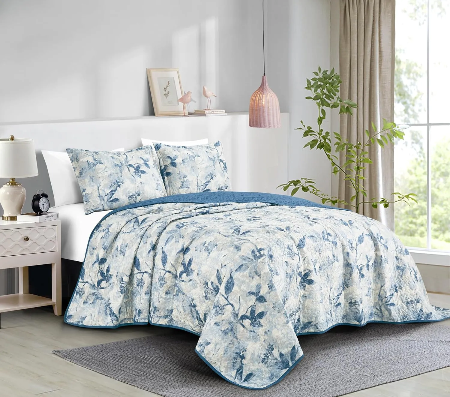 Chezmoi Collection Monica 3-Piece Tropical Floral Quilt Set Queen - Blue Gray White Textured Floral Printed Microfiber Lightweight Bedspread Set for All Season