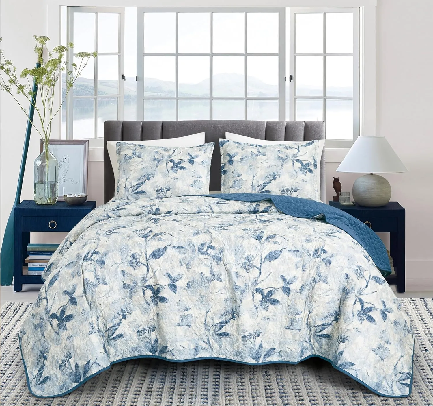 Chezmoi Collection Monica 3-Piece Tropical Floral Quilt Set Queen - Blue Gray White Textured Floral Printed Microfiber Lightweight Bedspread Set for All Season