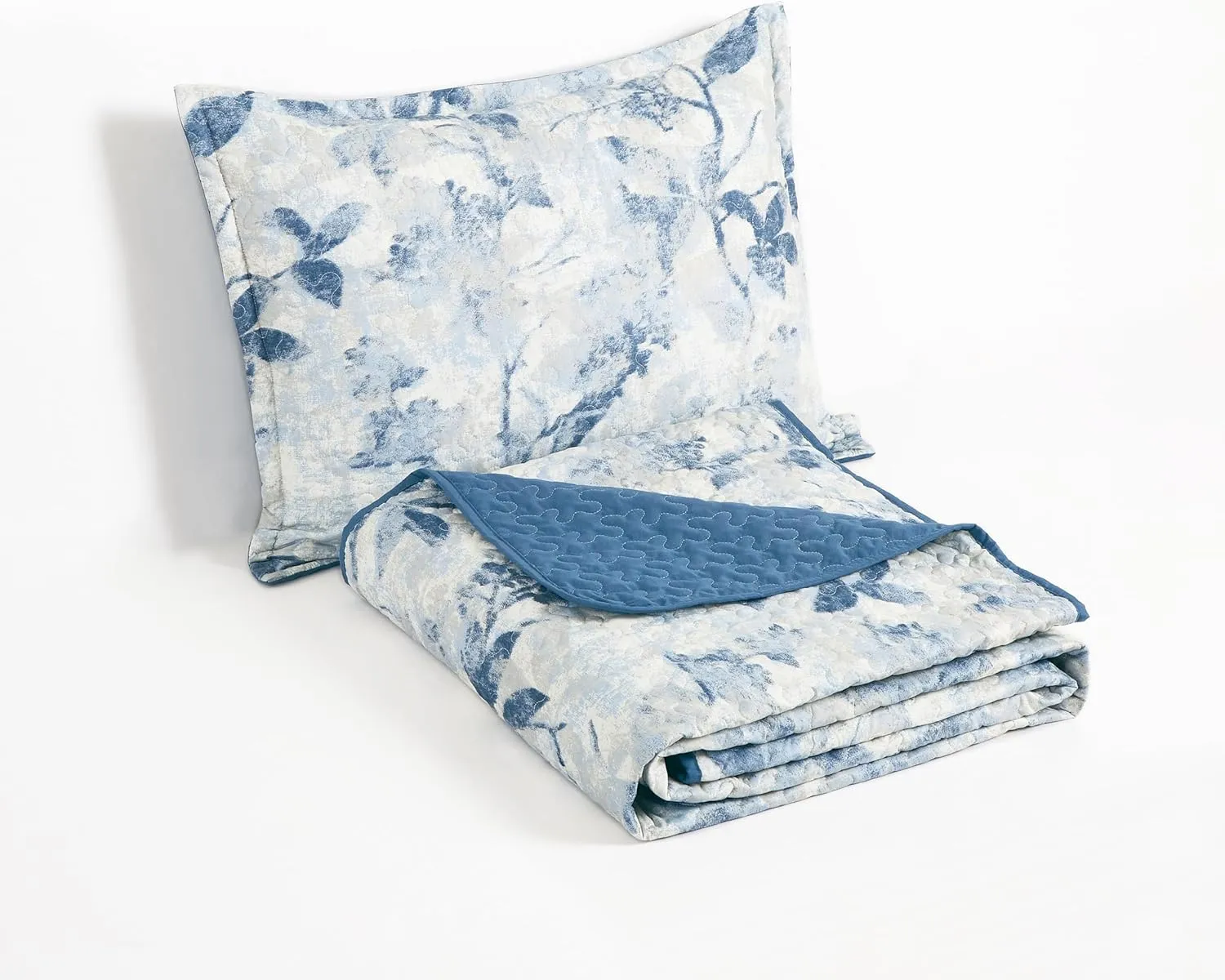Chezmoi Collection Monica 3-Piece Tropical Floral Quilt Set Queen - Blue Gray White Textured Floral Printed Microfiber Lightweight Bedspread Set for All Season