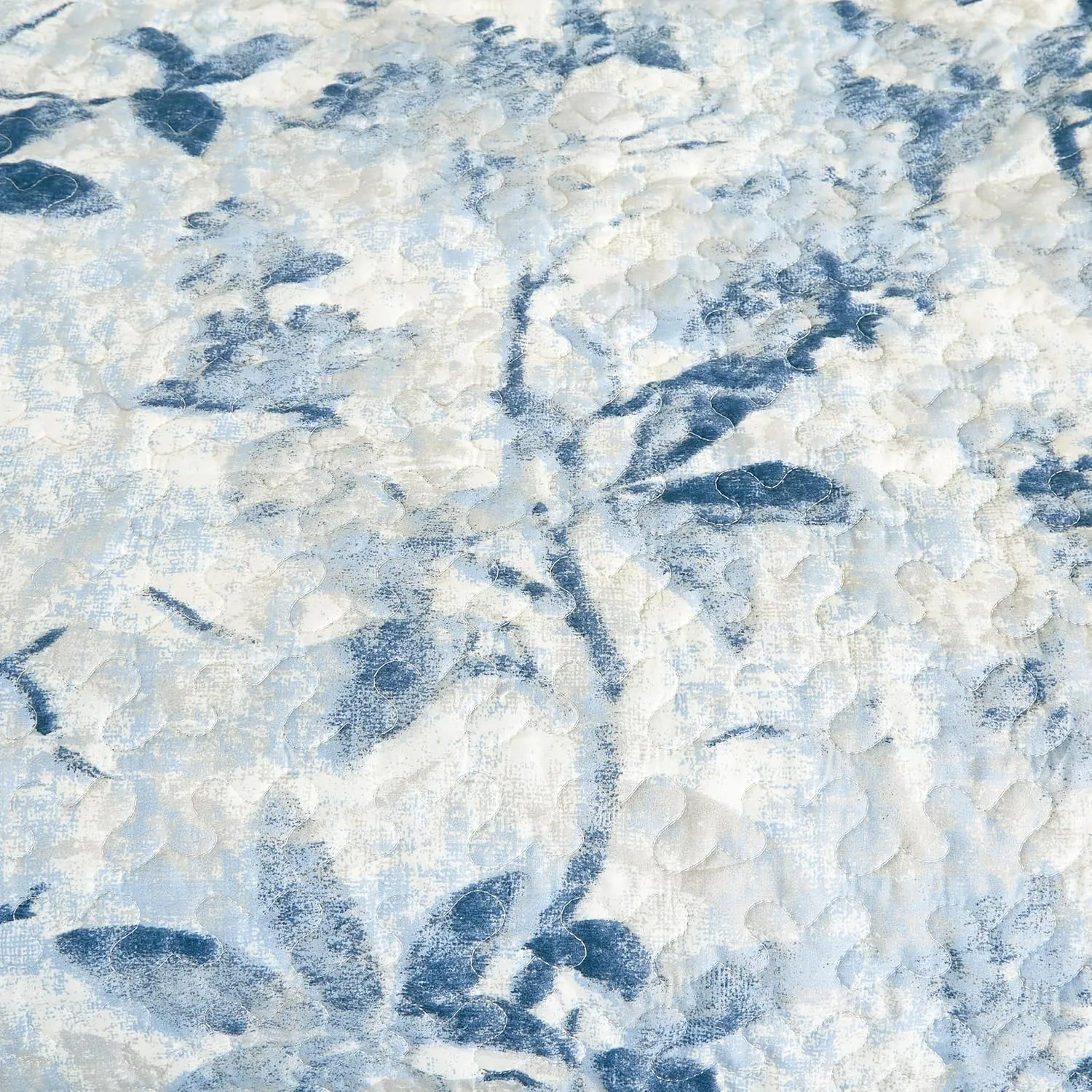 Chezmoi Collection Monica 3-Piece Tropical Floral Quilt Set Queen - Blue Gray White Textured Floral Printed Microfiber Lightweight Bedspread Set for All Season