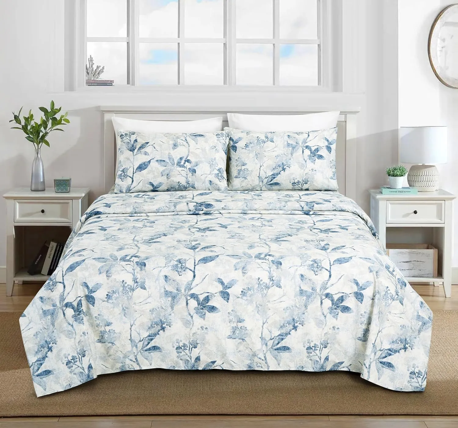 Chezmoi Collection Monica 4-Piece Tropical Floral Bed Sheet Set - Blue Gray White Textured Floral Printed Microfiber 14-Inches Deep Pocket Sheets & Pillowcases Set, King