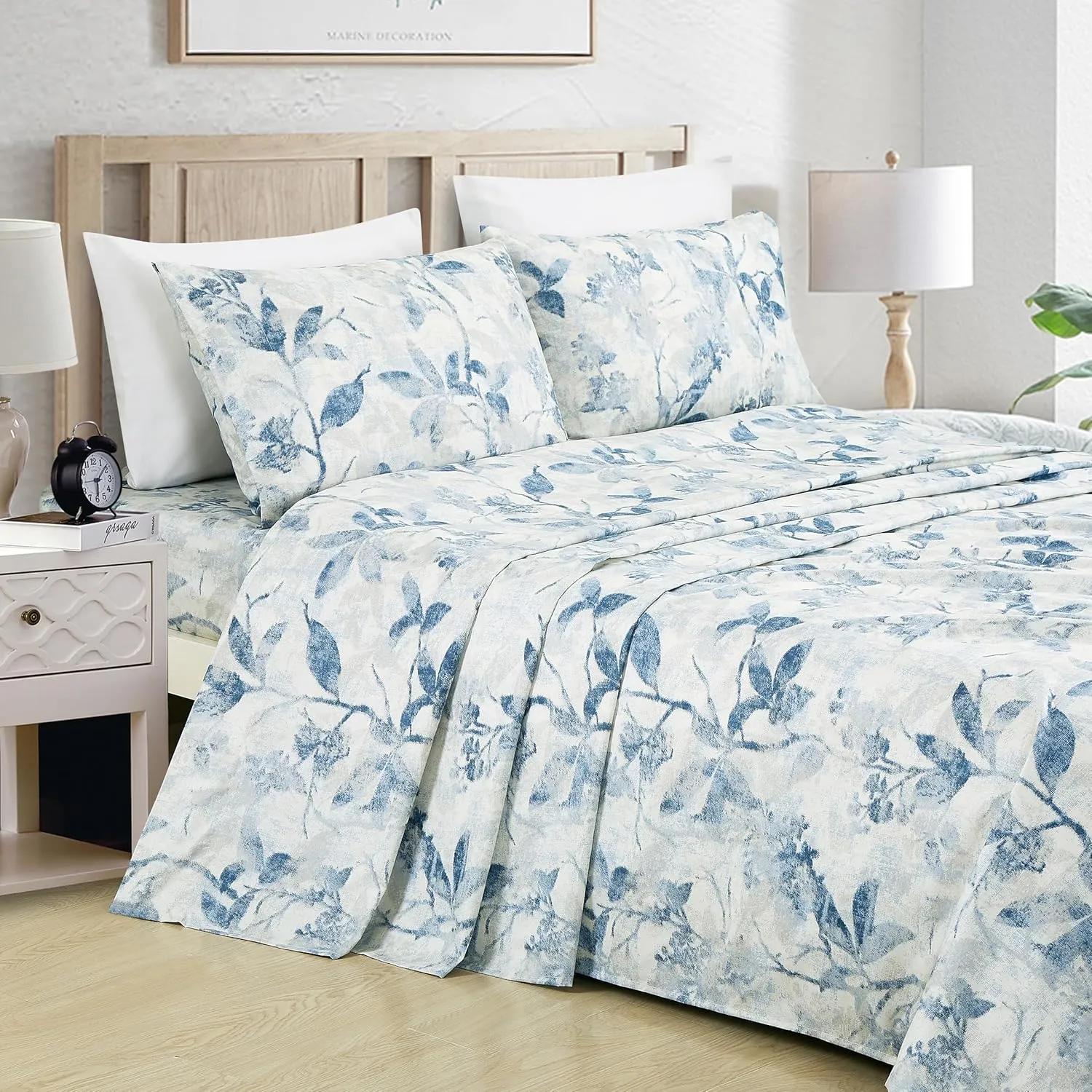 Chezmoi Collection Monica 4-Piece Tropical Floral Bed Sheet Set - Blue Gray White Textured Floral Printed Microfiber 14-Inches Deep Pocket Sheets & Pillowcases Set, King