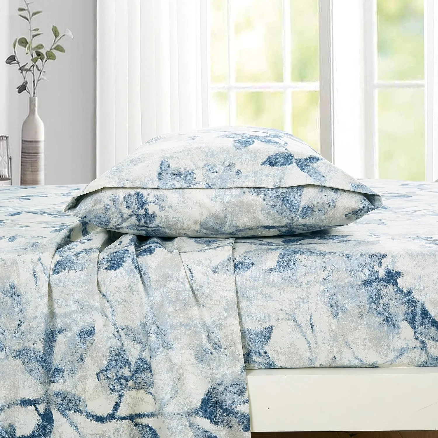 Chezmoi Collection Monica 4-Piece Tropical Floral Bed Sheet Set - Blue Gray White Textured Floral Printed Microfiber 14-Inches Deep Pocket Sheets & Pillowcases Set, King