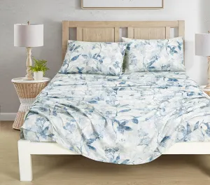 Chezmoi Collection Monica 4-Piece Tropical Floral Bed Sheet Set - Blue Gray White Textured Floral Printed Microfiber 14-Inches Deep Pocket Sheets & Pillowcases Set, King