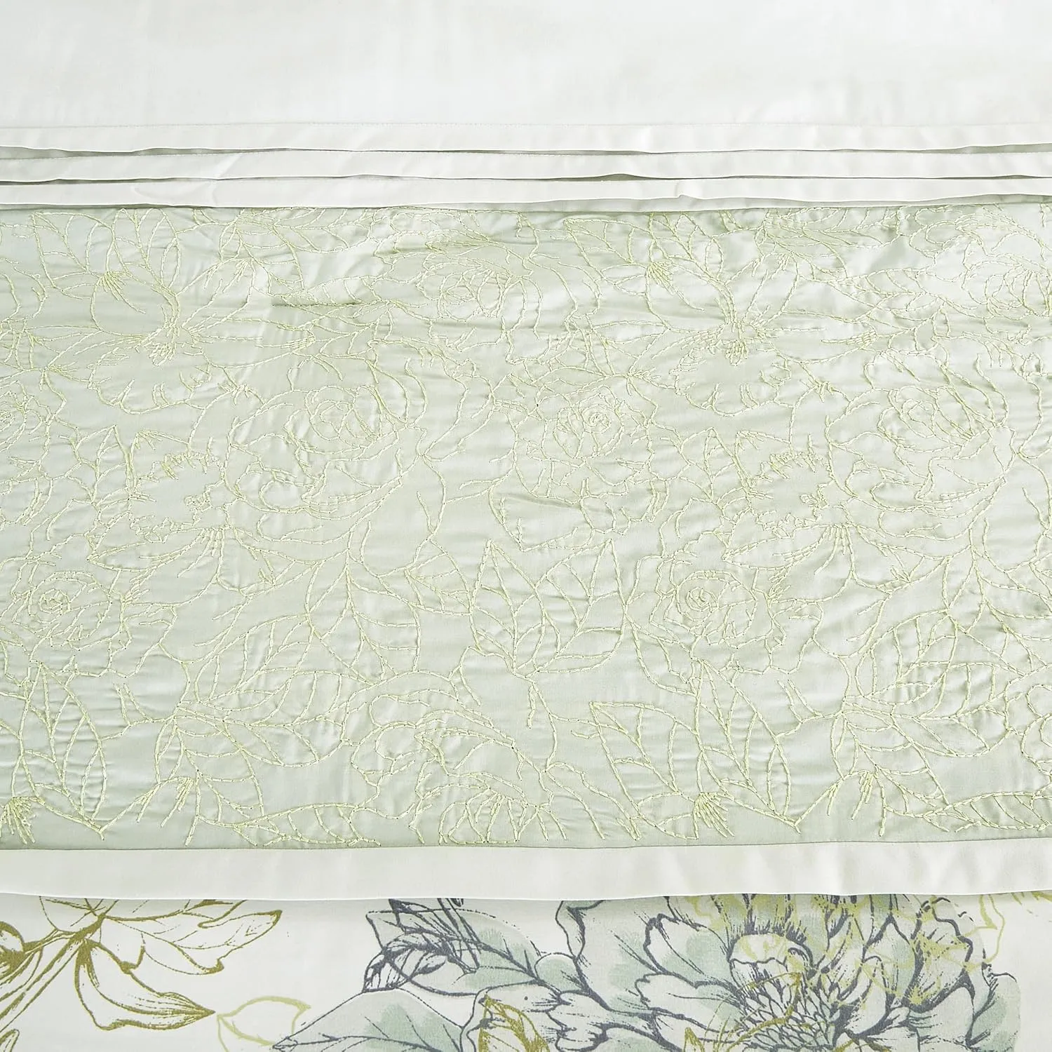 Chezmoi Collection Rosaline 7-Piece Floral Botanical Comforter Set King - Floral Embroidery Soft Green Gray Floral Printed Lightweight Bedding Set