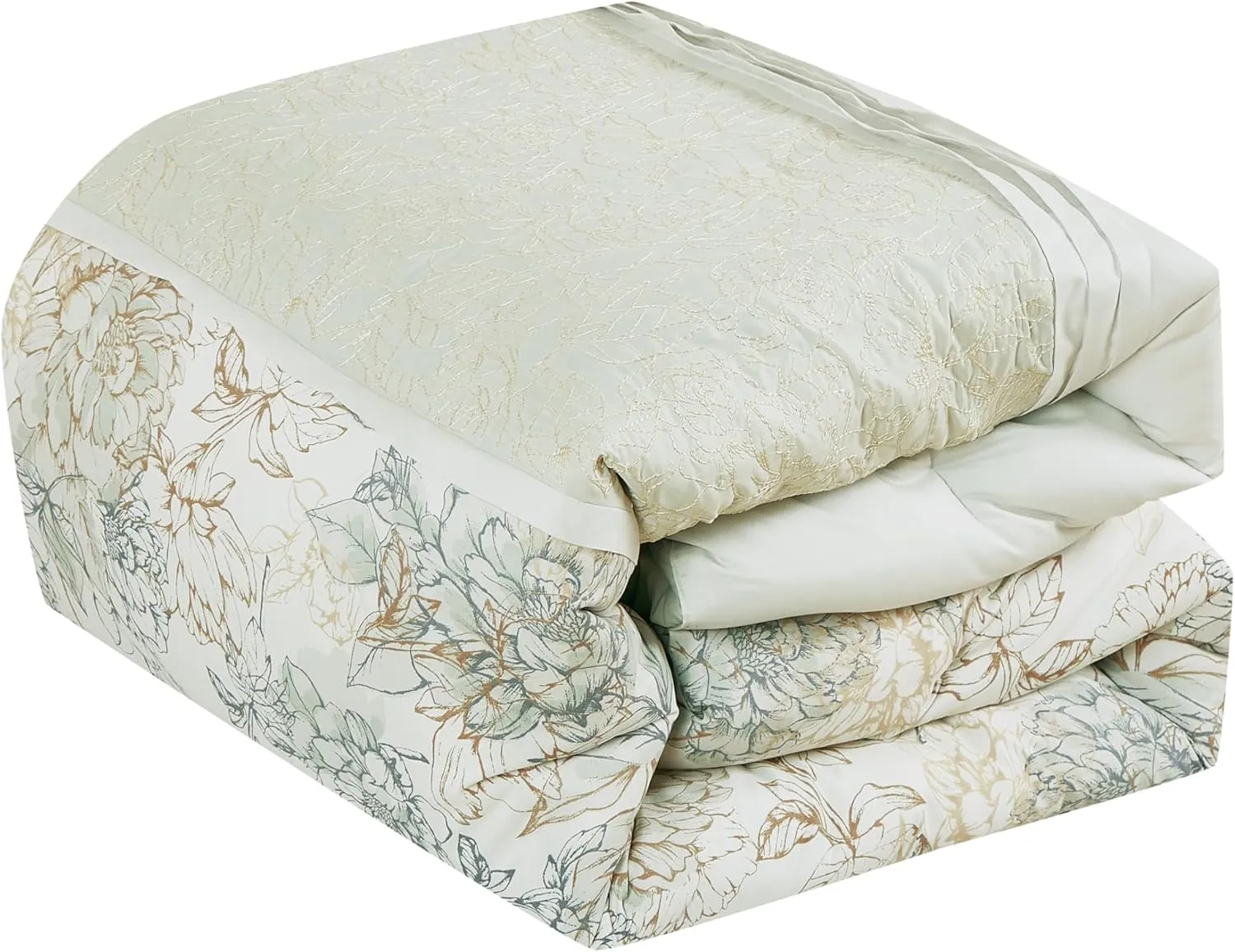 Chezmoi Collection Rosaline 7-Piece Floral Botanical Comforter Set King - Floral Embroidery Soft Green Gray Floral Printed Lightweight Bedding Set
