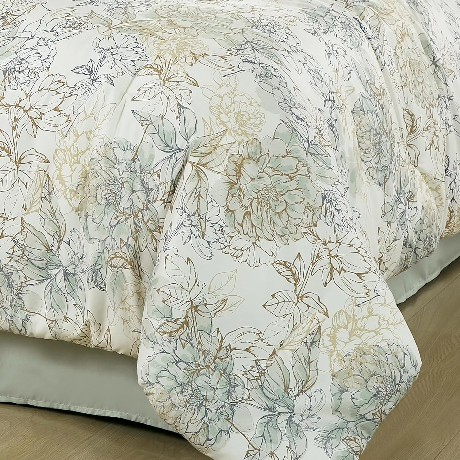 Chezmoi Collection Rosaline 7-Piece Floral Botanical Comforter Set King - Floral Embroidery Soft Green Gray Floral Printed Lightweight Bedding Set