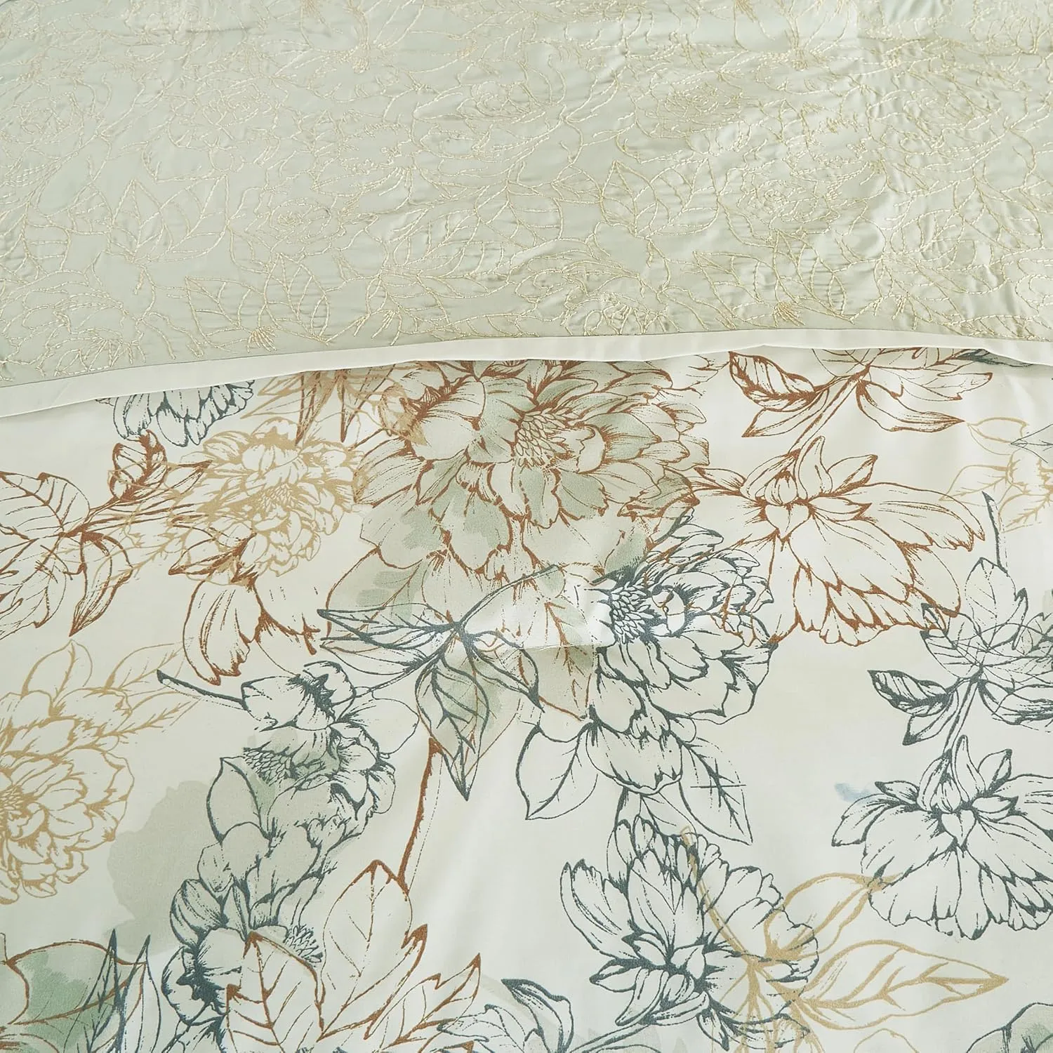 Chezmoi Collection Rosaline 7-Piece Floral Botanical Comforter Set King - Floral Embroidery Soft Green Gray Floral Printed Lightweight Bedding Set