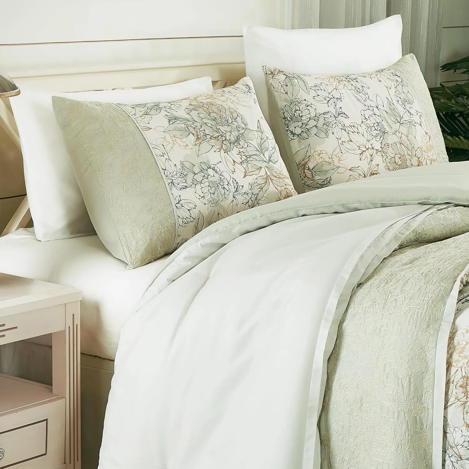 Chezmoi Collection Rosaline 7-Piece Floral Botanical Comforter Set King - Floral Embroidery Soft Green Gray Floral Printed Lightweight Bedding Set