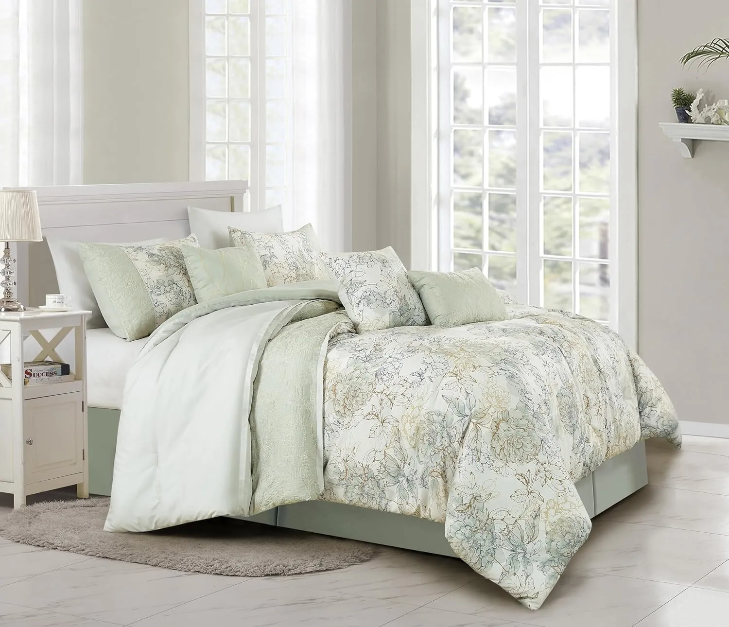 Chezmoi Collection Rosaline 7-Piece Floral Botanical Comforter Set King - Floral Embroidery Soft Green Gray Floral Printed Lightweight Bedding Set