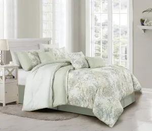 Chezmoi Collection Rosaline 7-Piece Floral Botanical Comforter Set King - Floral Embroidery Soft Green Gray Floral Printed Lightweight Bedding Set