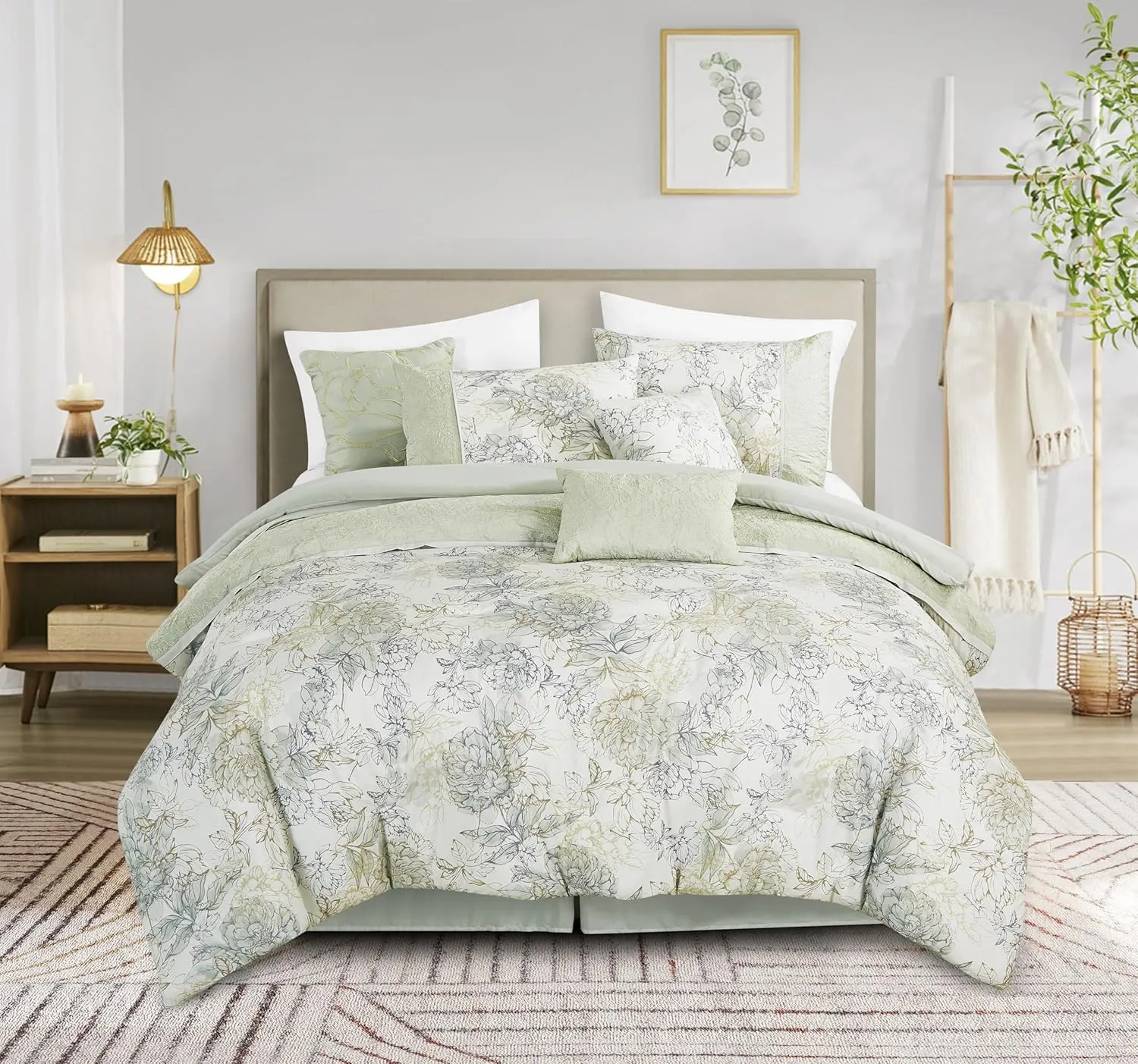 Chezmoi Collection Rosaline 7-Piece Floral Botanical Comforter Set King - Floral Embroidery Soft Green Gray Floral Printed Lightweight Bedding Set