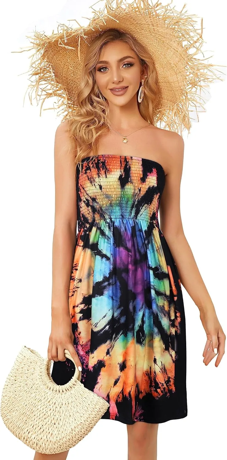 CHICGAL Summer Dresses for Women Beach Cover Ups Strapless Boho Floral Print Sundress