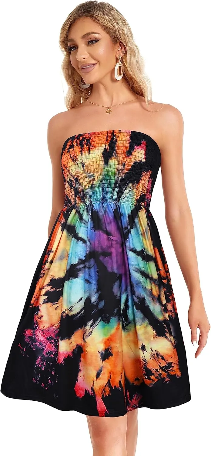 CHICGAL Summer Dresses for Women Beach Cover Ups Strapless Boho Floral Print Sundress
