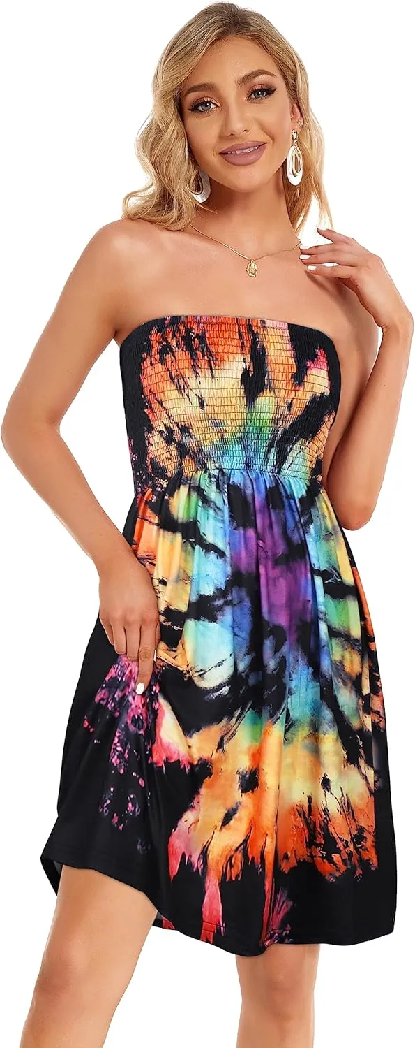 CHICGAL Summer Dresses for Women Beach Cover Ups Strapless Boho Floral Print Sundress