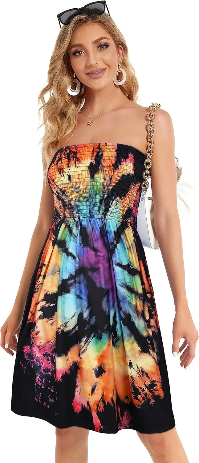 CHICGAL Summer Dresses for Women Beach Cover Ups Strapless Boho Floral Print Sundress