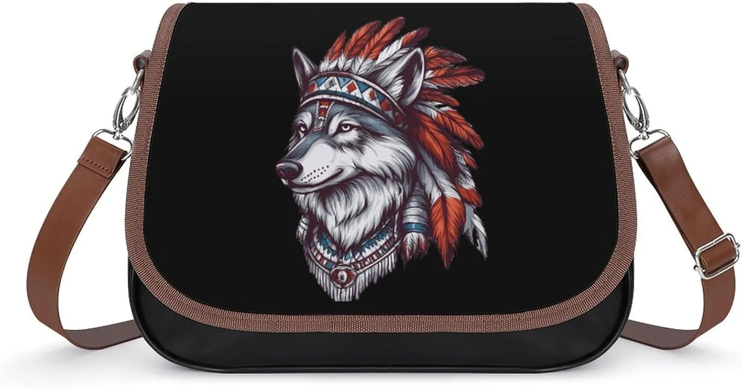 Chief of The Wolf Pack Tribal Wolves Crossbody Bags for Women Leather Tote Bag Handbag Purse for Work Travel