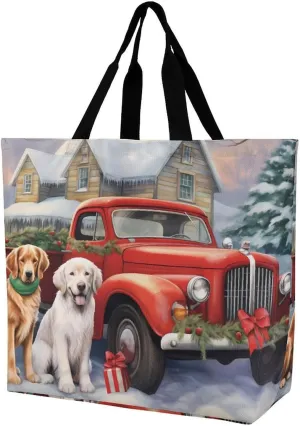 Christmas Red Truck Dog House Shoulder Bag Large Capacity Shopping Bag Washable Grocery Bag Handbag for Women Men