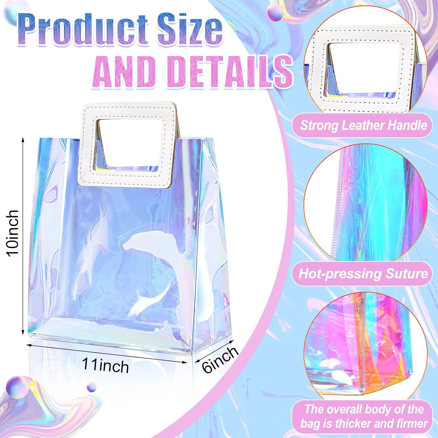Cindeer 20 Pack Iridescent Gift Bags with Handles - Clear Holographic Tote Bag, Goodie, PVC Gift Wrap for Party, Birthday, Wedding, Baby Shower, Bridal Party Favor(11 x 10 x 6 Inch)