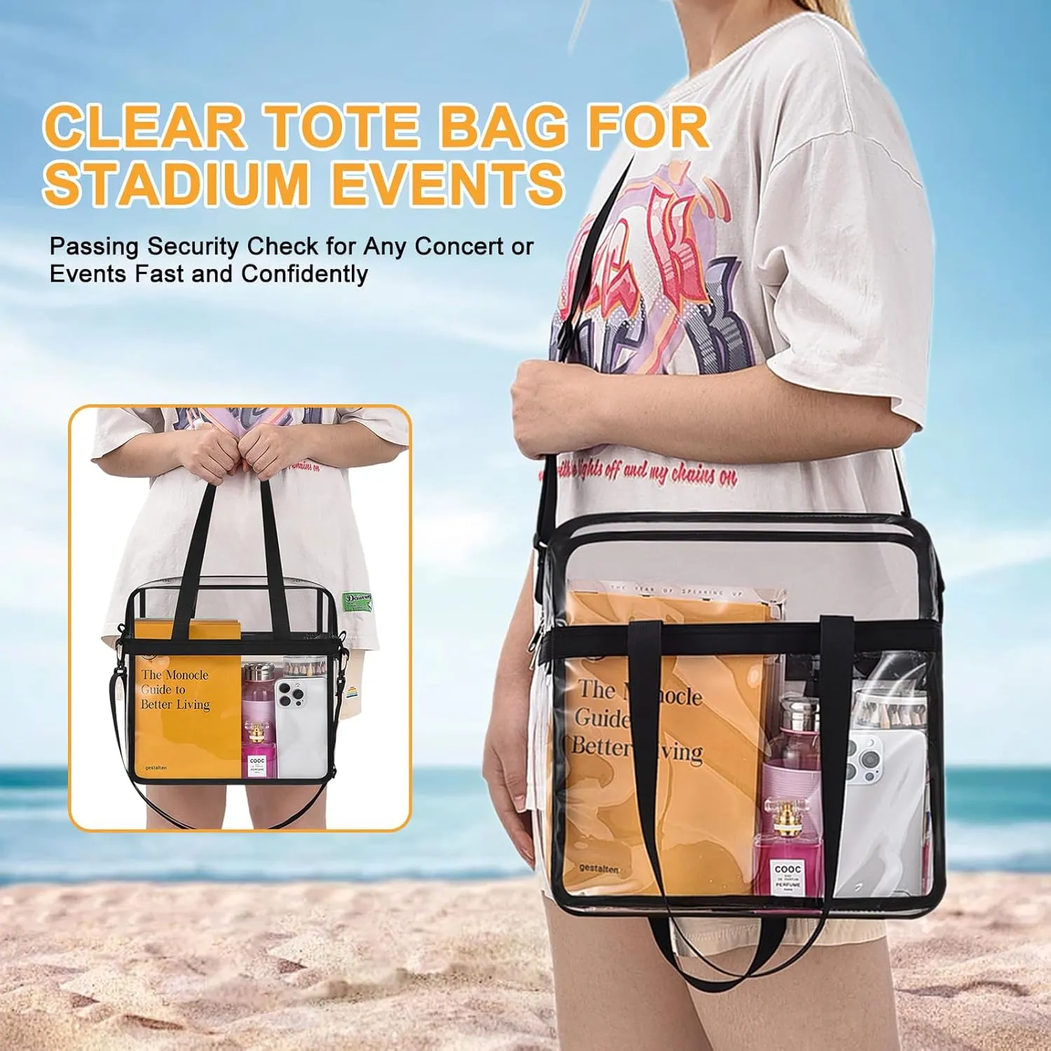 Clear Bag for Stadium Events—Clear Bag Tote Bag with Adjustable Straps for Work Travel Concerts