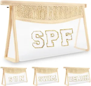 Clear Makeup Letter Patch Makeup Bag SPF Pouch, Boho Clear Toiletry Bag Travel Preppy Small Cute Stadium Letter Cosmetic Zipper Pouch Purse, Transparent Waterproof Beige Beach Makeup Pouch Clutch(SPF)