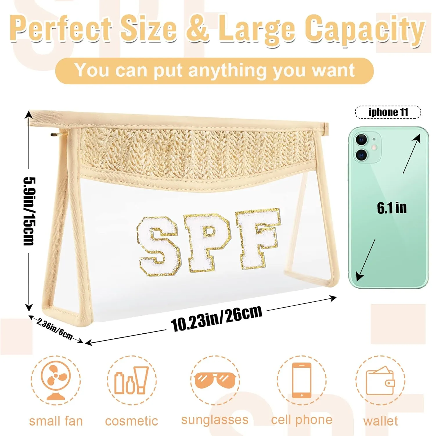 Clear Makeup Letter Patch Makeup Bag SPF Pouch, Boho Clear Toiletry Bag Travel Preppy Small Cute Stadium Letter Cosmetic Zipper Pouch Purse, Transparent Waterproof Beige Beach Makeup Pouch Clutch(SPF)