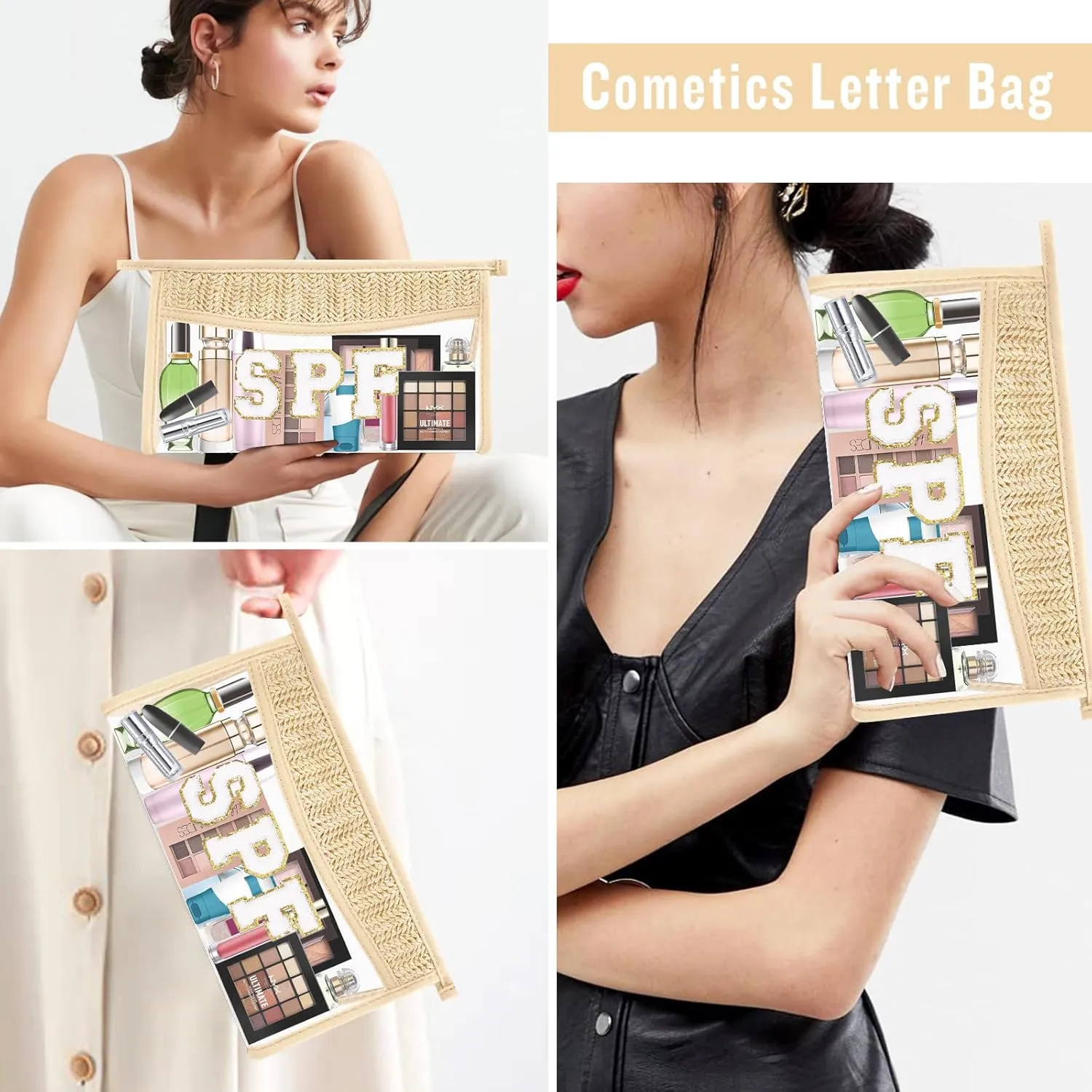 Clear Makeup Letter Patch Makeup Bag SPF Pouch, Boho Clear Toiletry Bag Travel Preppy Small Cute Stadium Letter Cosmetic Zipper Pouch Purse, Transparent Waterproof Beige Beach Makeup Pouch Clutch(SPF)