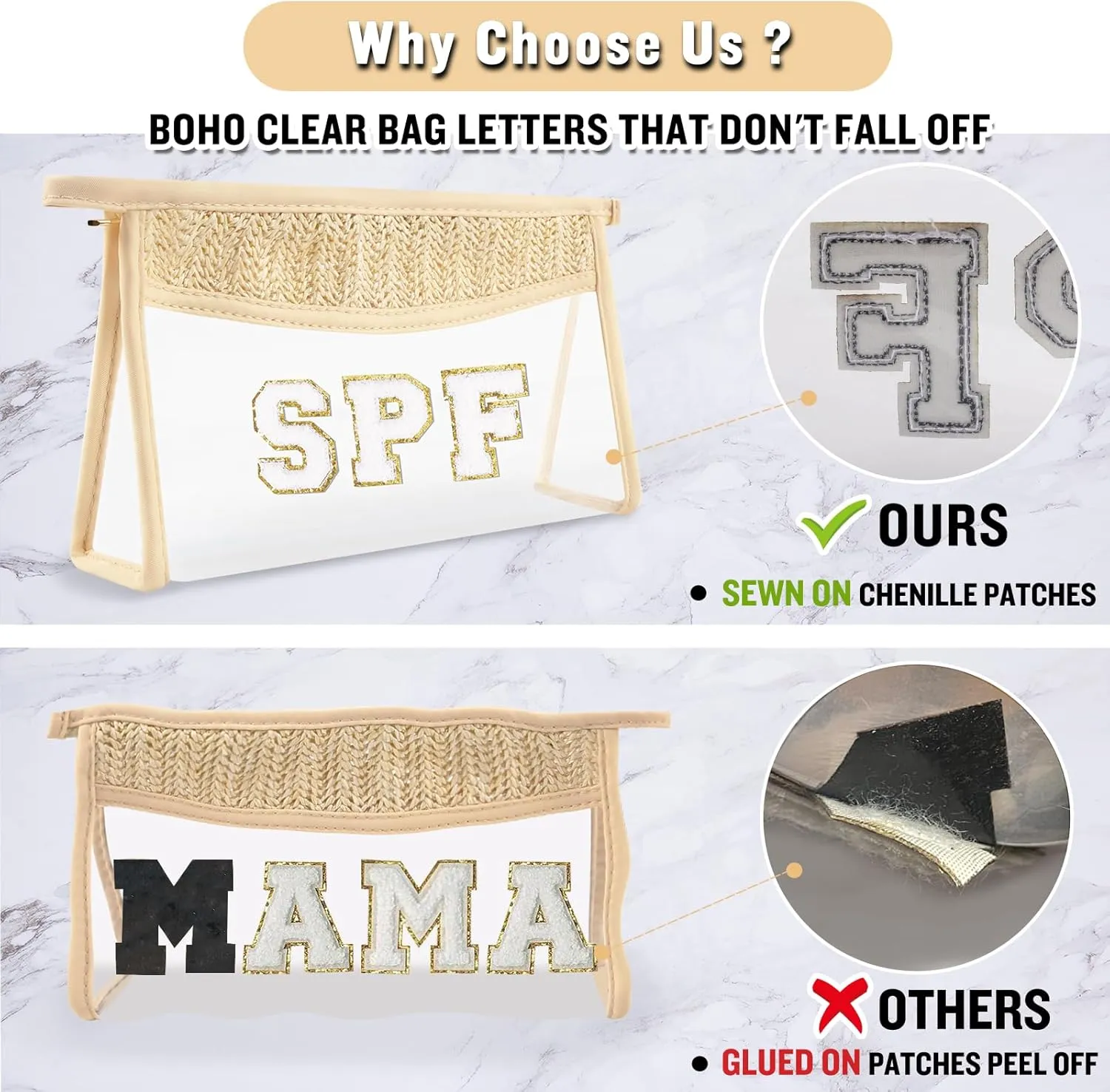 Clear Makeup Letter Patch Makeup Bag SPF Pouch, Boho Clear Toiletry Bag Travel Preppy Small Cute Stadium Letter Cosmetic Zipper Pouch Purse, Transparent Waterproof Beige Beach Makeup Pouch Clutch(SPF)