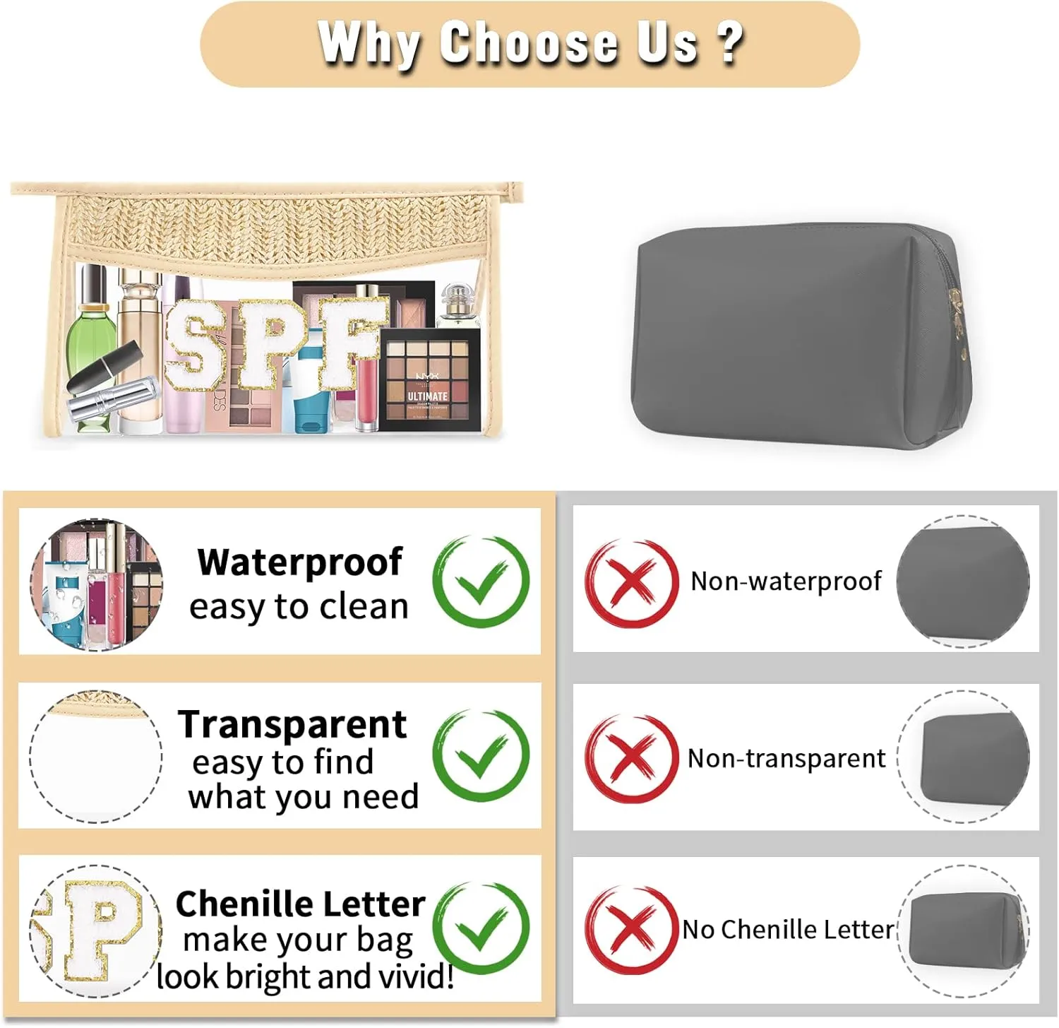 Clear Makeup Letter Patch Makeup Bag SPF Pouch, Boho Clear Toiletry Bag Travel Preppy Small Cute Stadium Letter Cosmetic Zipper Pouch Purse, Transparent Waterproof Beige Beach Makeup Pouch Clutch(SPF)
