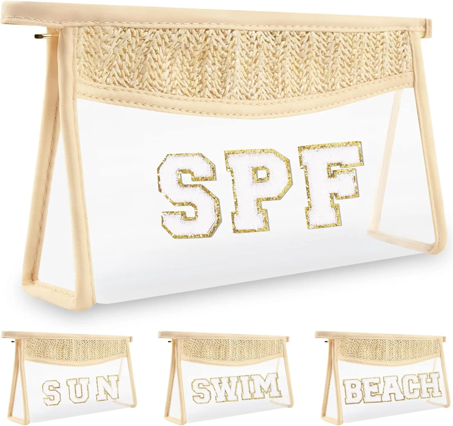 Clear Makeup Letter Patch Makeup Bag SPF Pouch, Boho Clear Toiletry Bag Travel Preppy Small Cute Stadium Letter Cosmetic Zipper Pouch Purse, Transparent Waterproof Beige Beach Makeup Pouch Clutch(SPF)